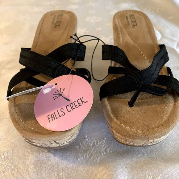 Falls Creek Cork Black Wedge Sandals Black Delia Memory Foam Sz 9 NWT Gorgeous - Picture 1 of 5